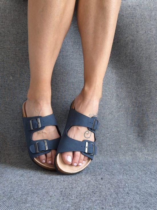 Chaussures sandales intérieur cuir bleu marine style Birk