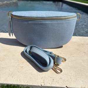 Sac banane tissu jean bandouliere bleu clair en cuir