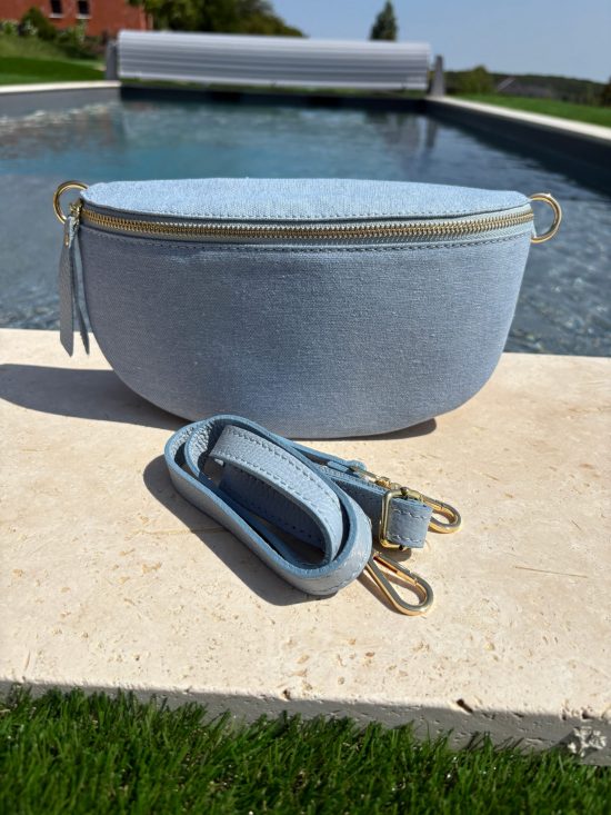 Sac banane tissu jean bandouliere bleu clair en cuir