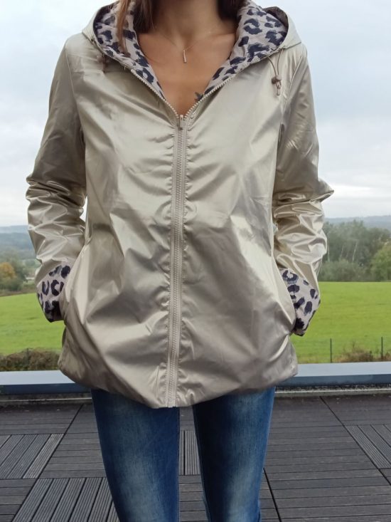 Laura Jo - Imperméable réversible court garnissage ouate mi-saison doré / léopard zip uni