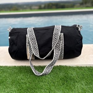 Sac polochon en coton tissu noir avec poignées motifs géométriques en noir et blanc
