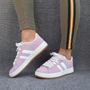Chaussures baskets basses rose pale lilas avec bandes blanches style sneakers campus