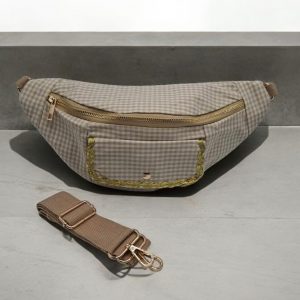 Sac banane en coton motif vichy beige et blanc 2 poches