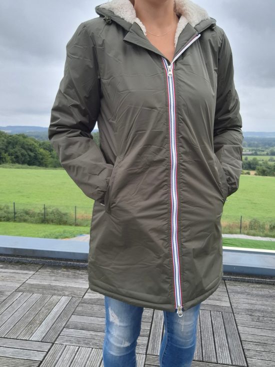 Laura Jo - Imperméable fourré long fausse fourrure kaki intérieur sherpa beige