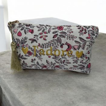 Trousse florale en coton blanche inscription « J’adore »