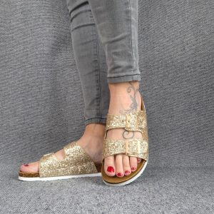Chaussures sandales style Birk 2 brides doré pailleté