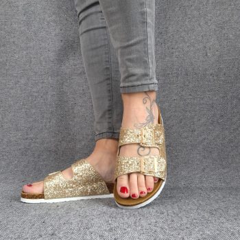 Chaussures sandales style Birk 2 brides doré pailleté
