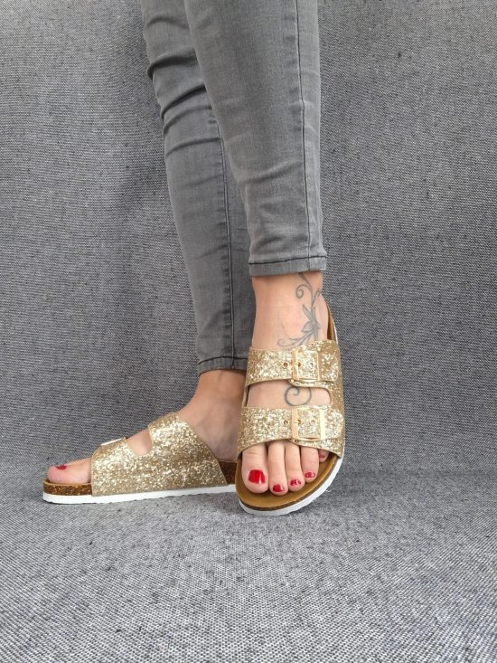 Chaussures sandales style Birk 2 brides doré pailleté