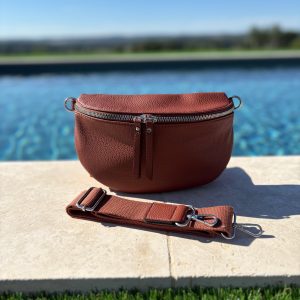 Sac banane simili cuir marron double fermeture