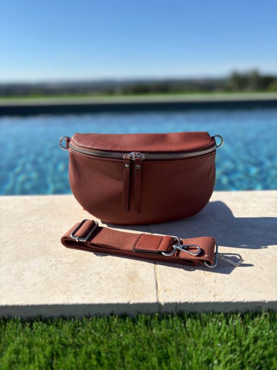 Sac banane simili cuir marron double fermeture