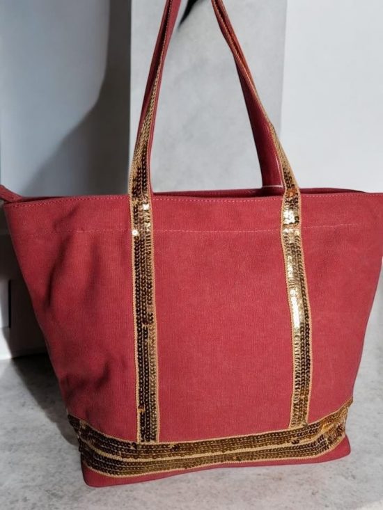 Sac à main style cabas porté main en tissu corail avec sequins dorés