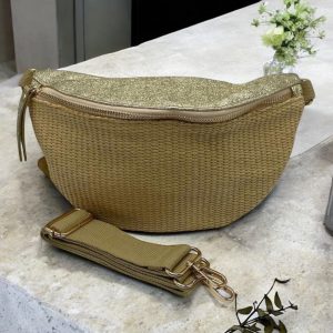 Sac banane bi-matière en paille beige et simili cuir doré pailleté