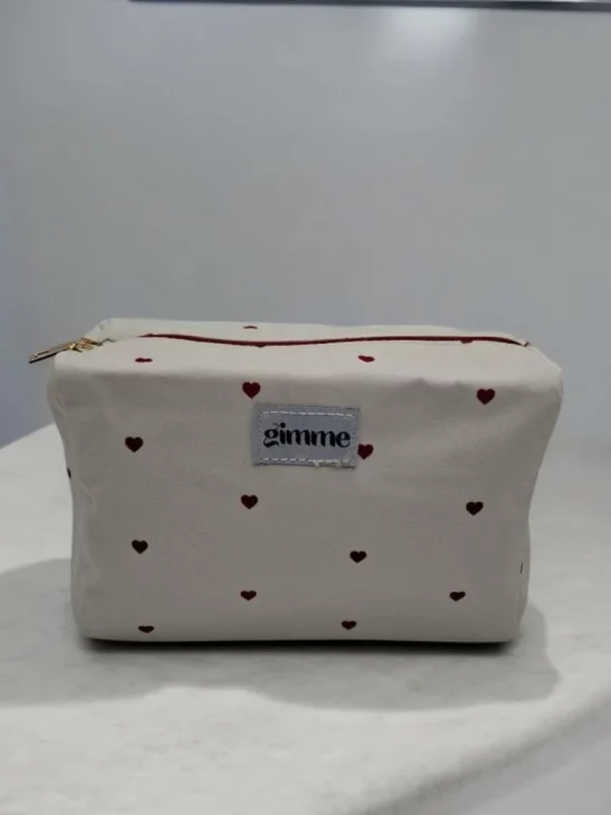 Pochette trousse en tissu imperméable blanc motifs cœurs rouges