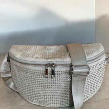 Sac banane toucher velours à strass couleur argent