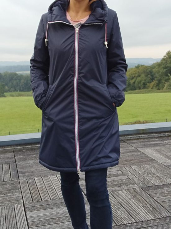 Laura Jo - Imperméable long doublé en fausse fourrure cordon tricolore couleur bleu marine