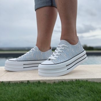 Chaussures baskets à rayures brillantes bleu semelle compensée style converse