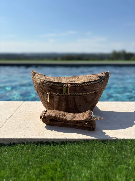 Sac banane XL en velours côtelé taupe imprimé léopard 2 poches