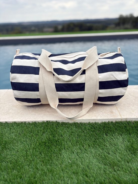 Sac polochon en coton rayé bleu marine et blanc