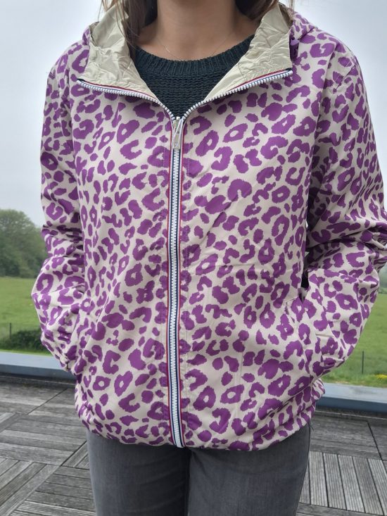 Escandelle - Parka imperméable courte Léopard violet réversible doré