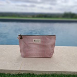 Pochette trousse en tissu imperméabilisé rose et blanc
