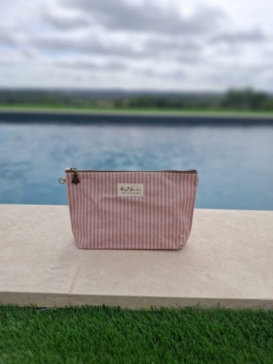 Pochette trousse en tissu imperméabilisé rose et blanc