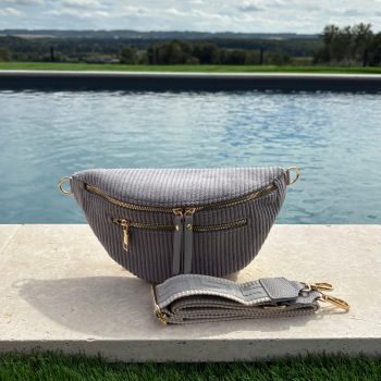 Sac banane velours côtelé 2 poches gris sangle fantaisie