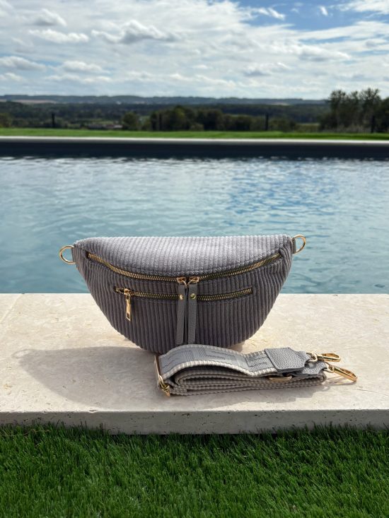 Sac banane velours côtelé 2 poches gris sangle fantaisie