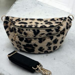 Sac banane XL peluche moumoute 2 poches léopard beige marron