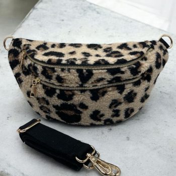 Sac banane XL peluche moumoute 2 poches léopard beige marron