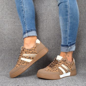 Chaussures baskets imprimé léopard avec bandes blanches et dorées type sneakers