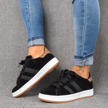 Chaussures baskets basses noires rayures noires motif léopard style campus