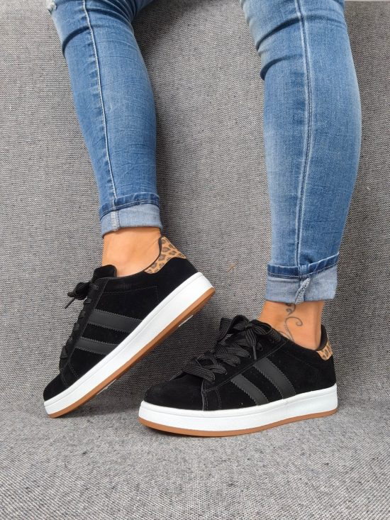 Chaussures baskets basses noires rayures noires motif léopard style campus