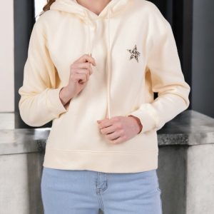 Sweat à capuche en coton beige motif étoile léopard