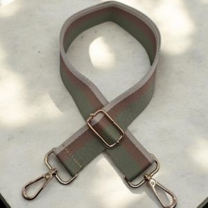 Bandoulière sangle large à rayures vert olive et marron