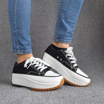Chaussures baskets basses plate-forme toile noir et blanc