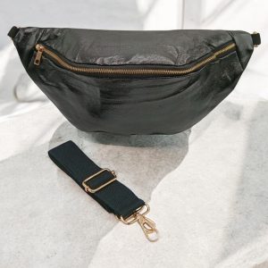 Sac banane XL simili cuir noir irisé mousquetons dorés