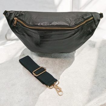 Sac banane XL simili cuir noir irisé mousquetons dorés