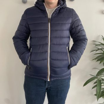Doudoune à capuche HOMME courte imperméable et réversible matelassé bleu marine