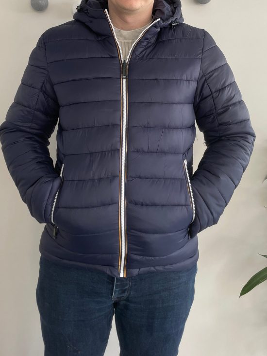 Doudoune à capuche HOMME courte imperméable et réversible matelassé bleu marine