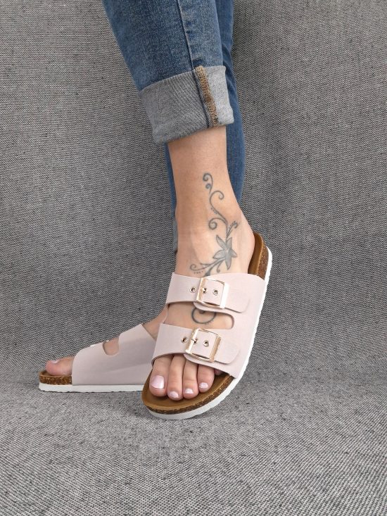 Chaussures sandales roses pastel à doubles lanières avec boucles métalliques style Birk