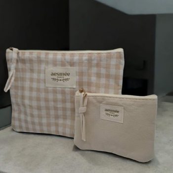 Pochette et trousse en coton vichy motifs à carreaux beige et crème