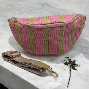 Sac banane tressé raphia beige et rose