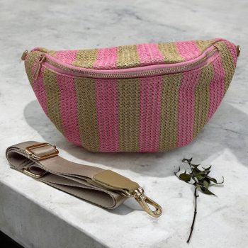 Sac banane tressé raphia beige et rose