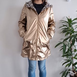 Attrait Paris - Manteau long sans ouate imperméable doré réversible avec motif léopard avec capuche