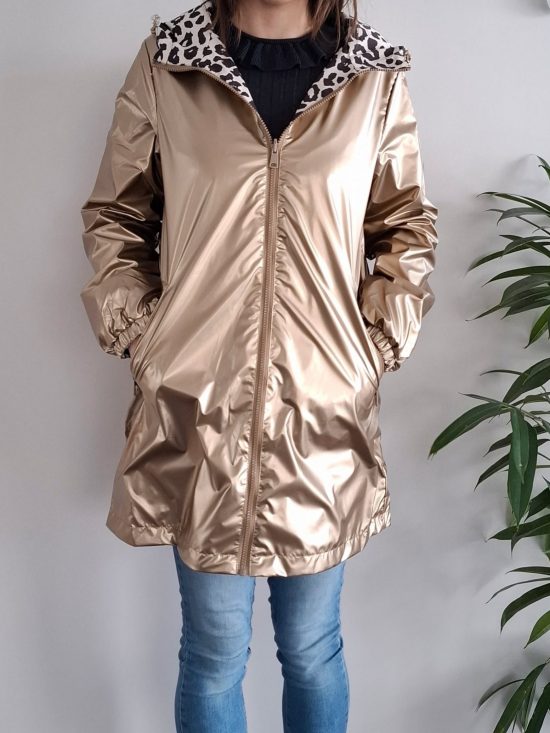 Attrait Paris - Manteau long sans ouate imperméable doré réversible avec motif léopard avec capuche