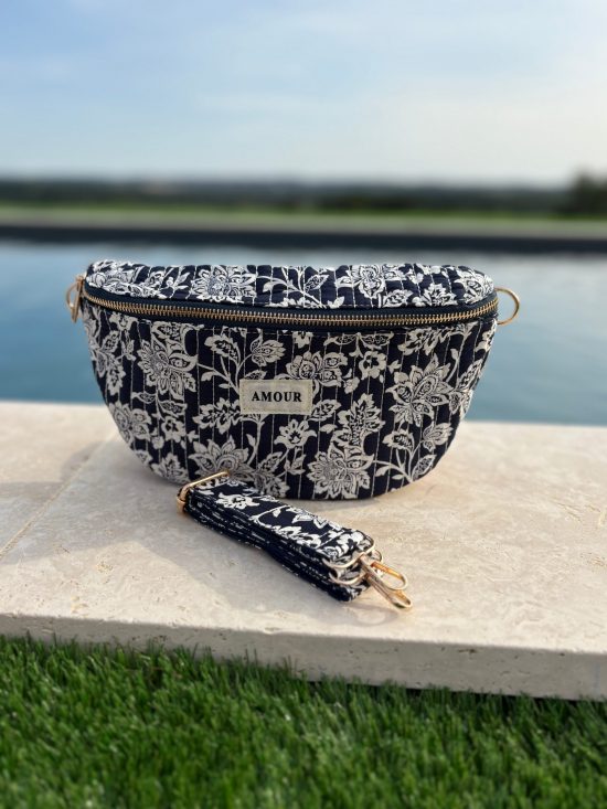 Sac banane coton matelassé liberty fleuri toile de jouy bleu marine et blanc