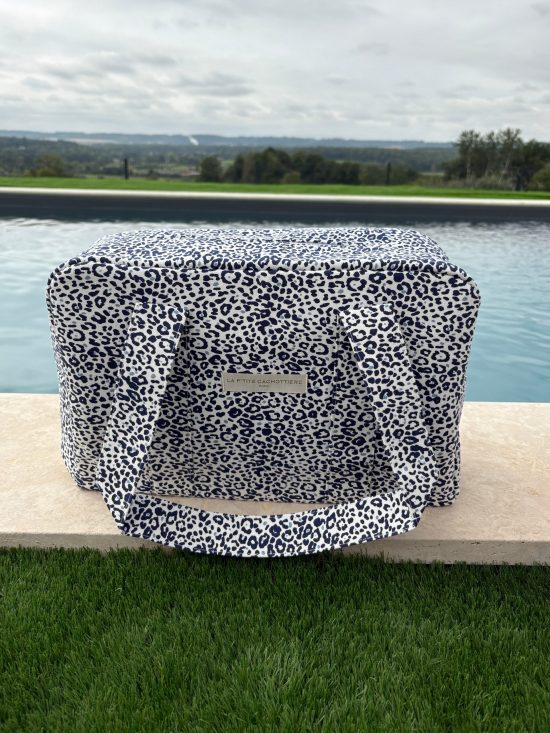 Sac week-end de voyage polochon coton fin léopard bleu marine blanc