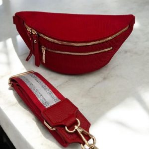 Sac banane velours côtelé 2 poches rouge sangle fantaisie
