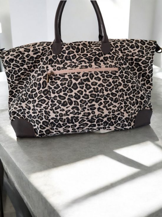 Grand sac porté épaule imprimé léopard camel noir