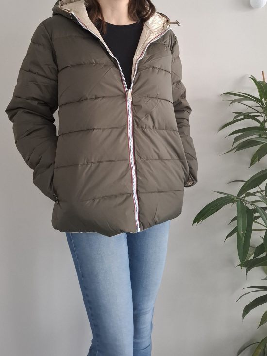 Doudoune manteau imperméable court réversible matelassé kaki doré